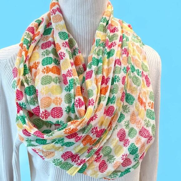 Talbots Tropical Scarf Infinity Colorful Pineapple Rainbow Brezzy Summer NWT - Picture 1 of 4
